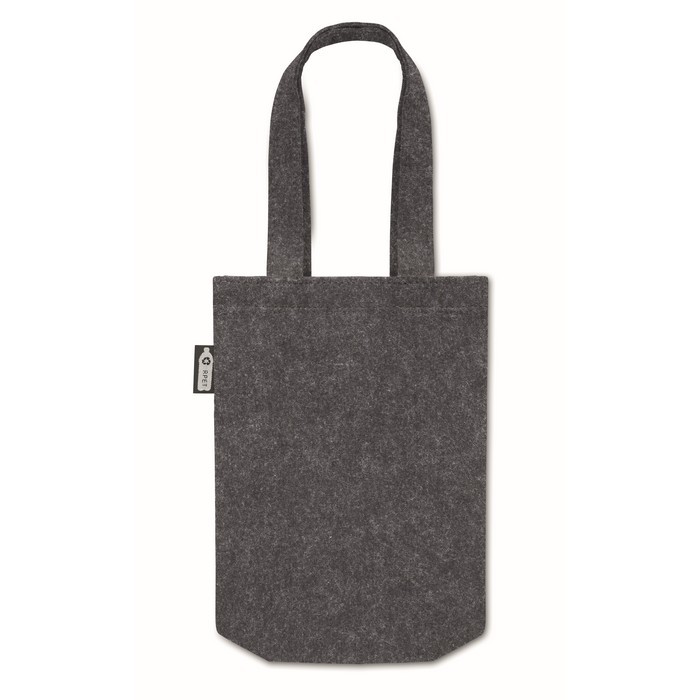 Bolsa pequeña de fieltro RPET con fuelle y asas cortas color gris oscuro segunda vista Bolsa pequeña de fieltro RPET con fuelle y asas cortas color gris oscuro segunda vista