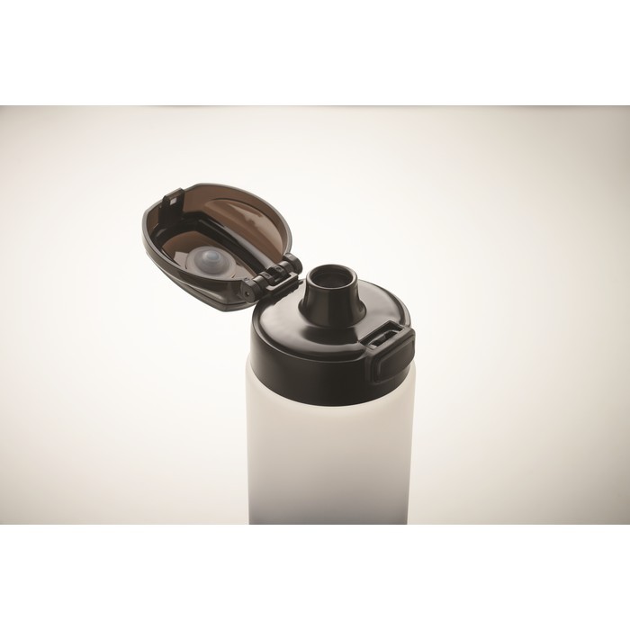 Botella antifugas de RPET con horario de consumo de agua 1L color blanco vista fotografía cuarta vista Botella antifugas de RPET con horario de consumo de agua 1L color blanco vista fotografía cuarta vista