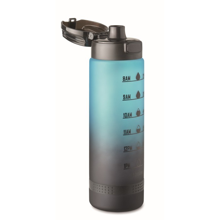 Botella antifugas de RPET con horario de consumo de agua 1L color turquesa segunda vista Botella antifugas de RPET con horario de consumo de agua 1L color turquesa segunda vista