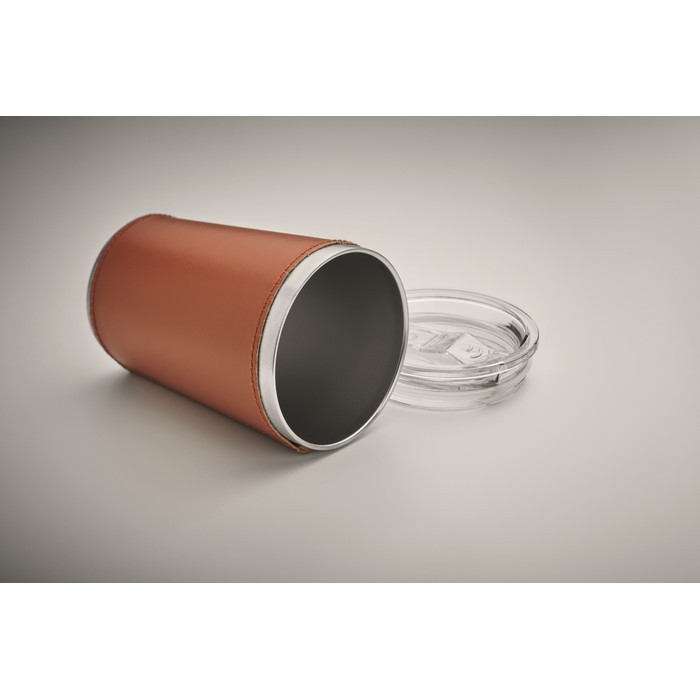 Vaso de acero inoxidable con funda extraíble de piel sintética 350ml color marrón segunda vista fotografía Vaso de acero inoxidable con funda extraíble de piel sintética 350ml color marrón segunda vista fotografía