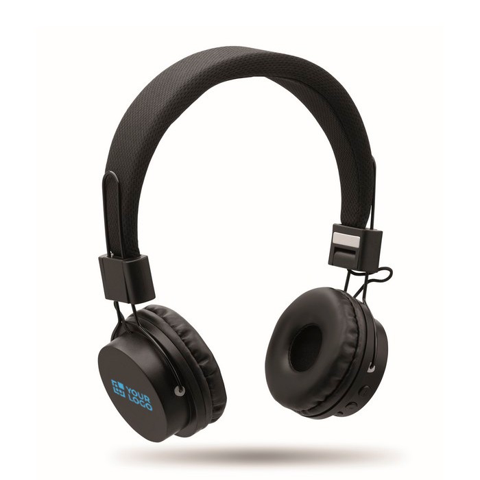 Auriculares inalámbricos plegables con micrófono incorporado color negro vista de impresión Auriculares inalámbricos plegables con micrófono incorporado color negro vista de impresión