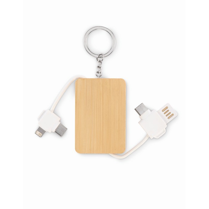 Llavero y cables de carga recubierto con carcasa de bambú color madera cuarta vista Llavero y cables de carga recubierto con carcasa de bambú color madera cuarta vista