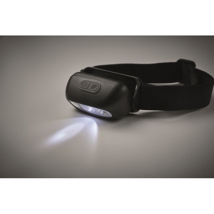 Linterna frontal recargable y ajustable con 3 modos de iluminación color negro vista fotografía cuarta vista