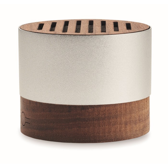 Altavoz inalámbrico de aluminio reciclado con detalles en nogal color madera quinta vista Altavoz inalámbrico de aluminio reciclado con detalles en nogal color madera quinta vista