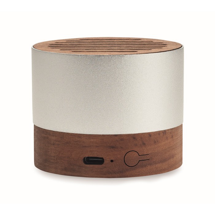 Altavoz inalámbrico de aluminio reciclado con detalles en nogal color madera sexta vista Altavoz inalámbrico de aluminio reciclado con detalles en nogal color madera sexta vista