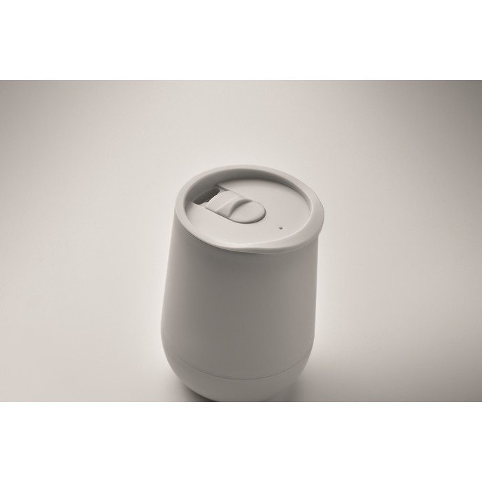 Vaso para llevar de doble pared cierre deslizante en la tapa color blanco vista fotografía tercera vista Vaso para llevar de doble pared cierre deslizante en la tapa color blanco vista fotografía tercera vista
