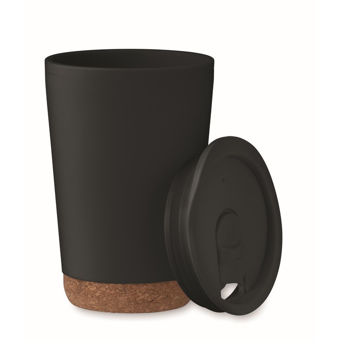 Vaso para llevar de doble pared con detalle de corcho en la base 300ml color negro segunda vista Vaso para llevar de doble pared con detalle de corcho en la base 300ml color negro segunda vista