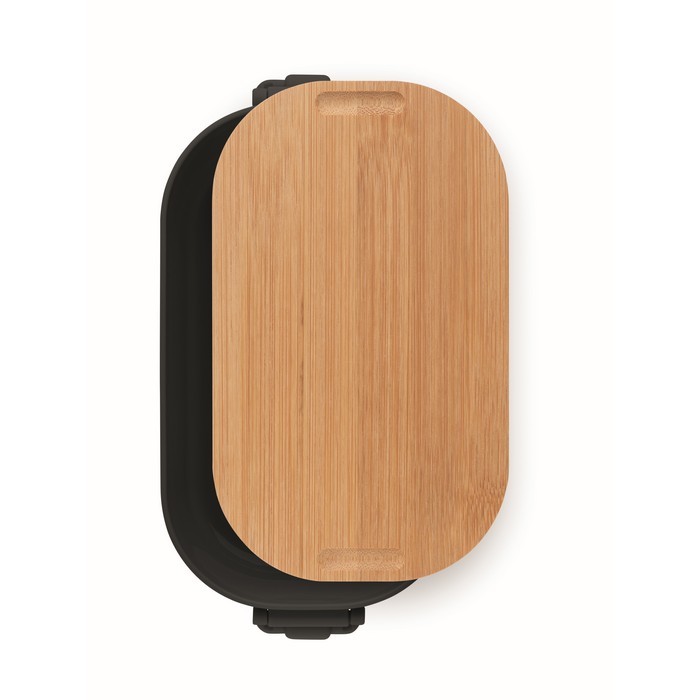 Fiambrera con tapa de bambú y 2 pestañas laterales de cierre 700ml color negro cuarta vista