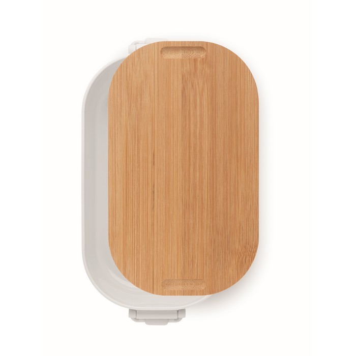 Fiambrera con tapa de bambú y 2 pestañas laterales de cierre 700ml color blanco cuarta vista