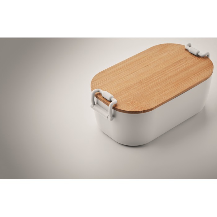 Fiambrera con tapa de bambú y 2 pestañas laterales de cierre 700ml color blanco vista fotografía sexta vista