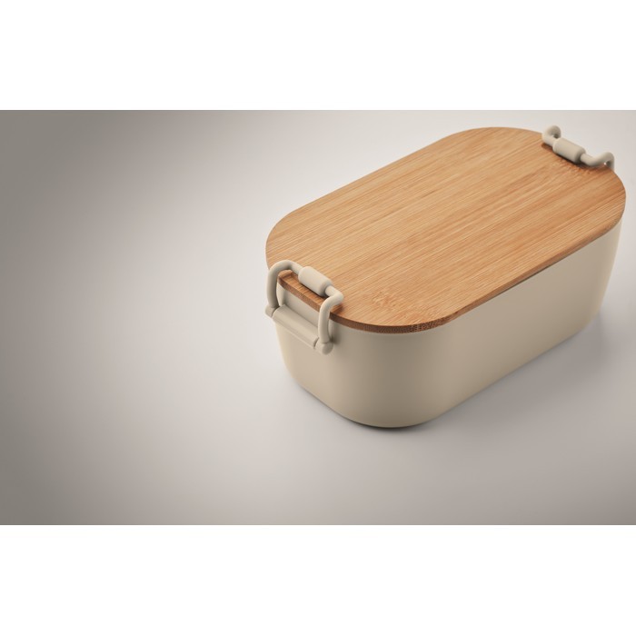 Fiambrera con tapa de bambú y 2 pestañas laterales de cierre 700ml color beige vista fotografía sexta vista