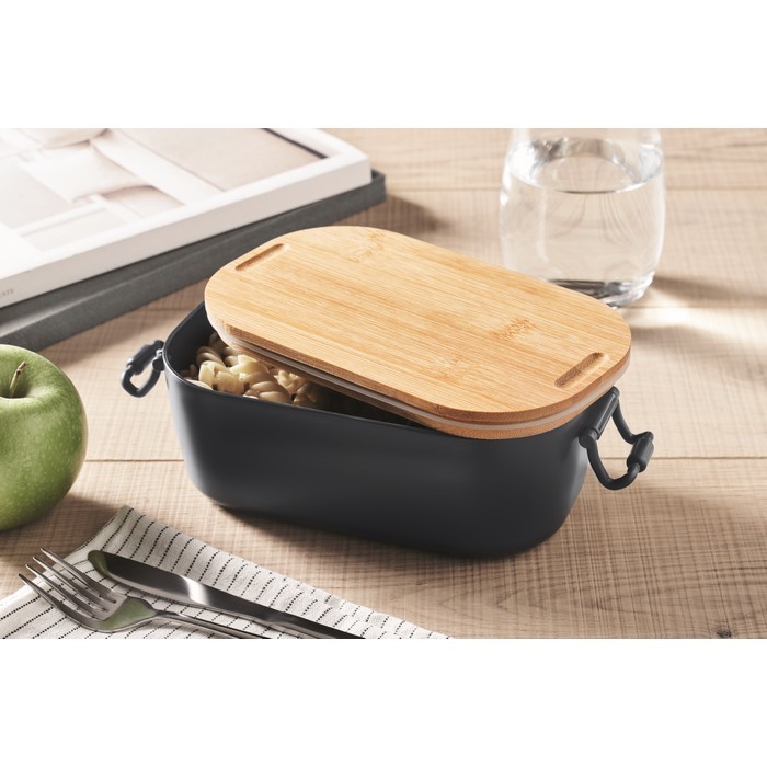 Fiambrera con tapa de bambú y 2 pestañas laterales de cierre 700ml color azul marino vista bodegón