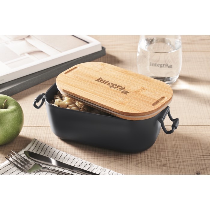 Fiambrera con tapa de bambú y 2 pestañas laterales de cierre 700ml color azul marino vista bodegón principal