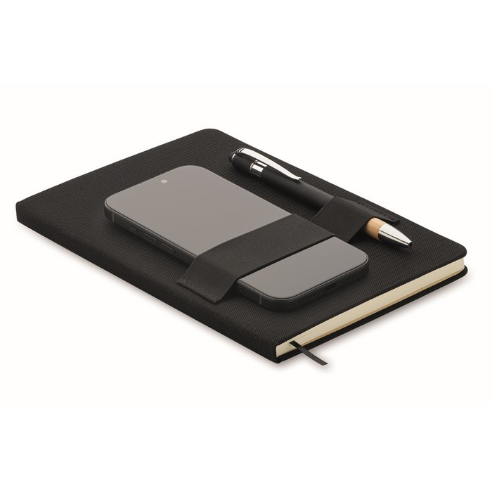 Libreta y bolígrafo con banda elástica para móvil y páginas a rayas A5 color negro segunda vista