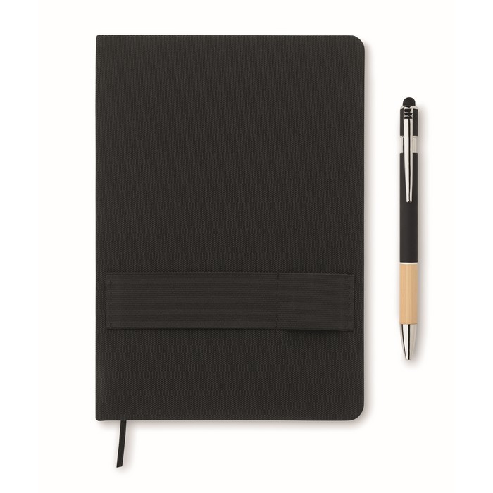 Libreta y bolígrafo con banda elástica para móvil y páginas a rayas A5 color negro sexta vista