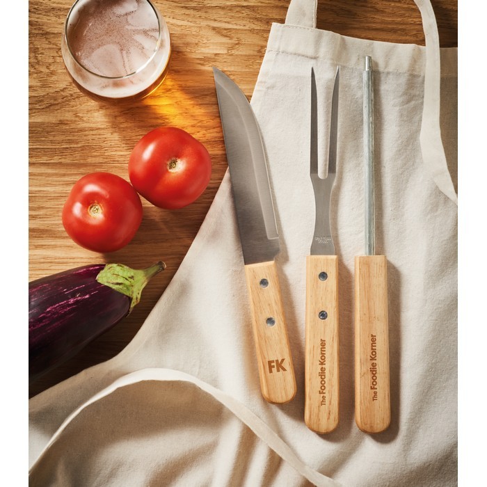 Estuche con aspecto de madera de 3 utensilios para barbacoa color madera vista bodegón principal