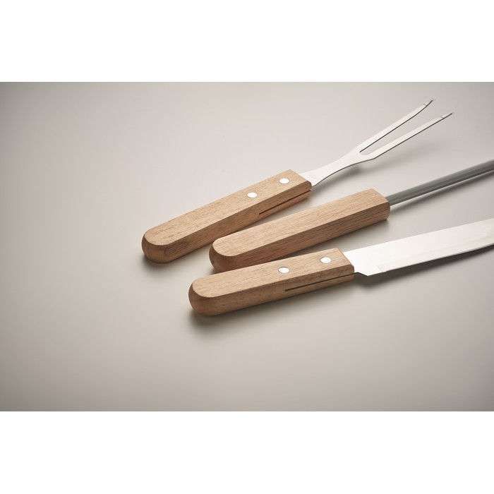 Estuche con aspecto de madera de 3 utensilios para barbacoa color madera vista fotografía quinta vista