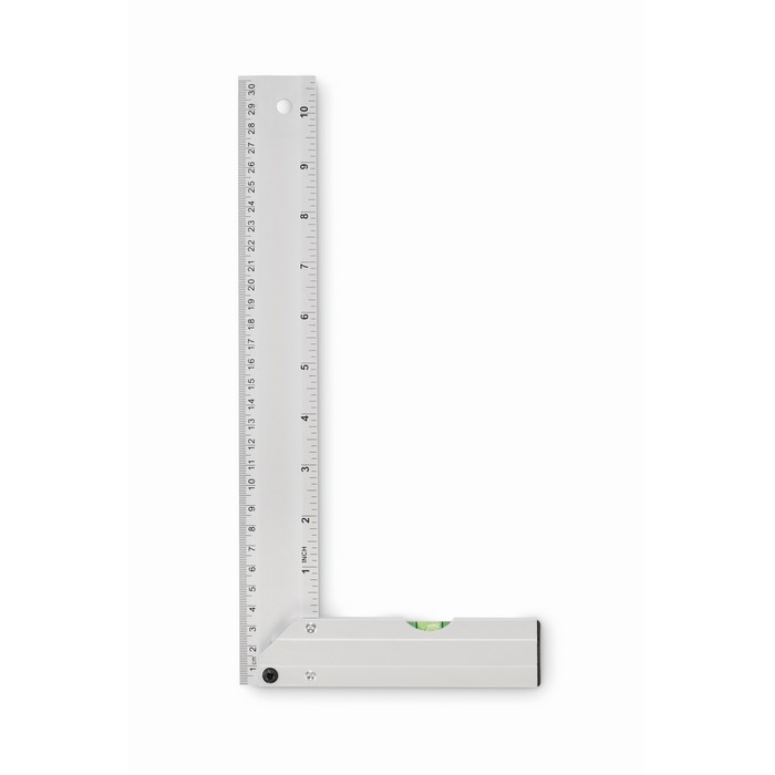 Escuadra de aluminio con nivel de burbuja en la base y regla de 30cm color plateado cuarta vista Escuadra de aluminio con nivel de burbuja en la base y regla de 30cm color plateado cuarta vista