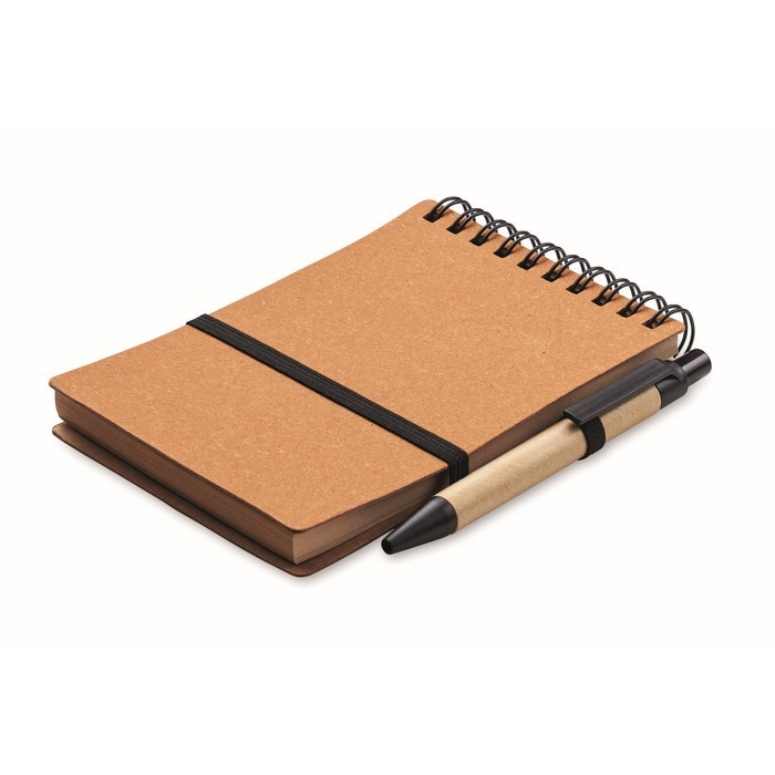 Libreta con bolígrafo de tinta azul y banda elástica hojas a rayas color marrón