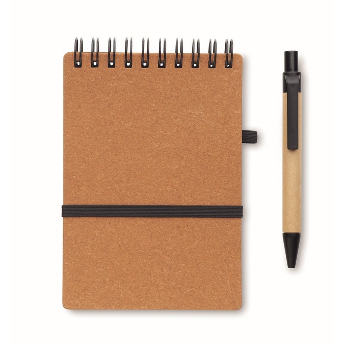 Libreta con bolígrafo de tinta azul y banda elástica hojas a rayas color marrón cuarta vista