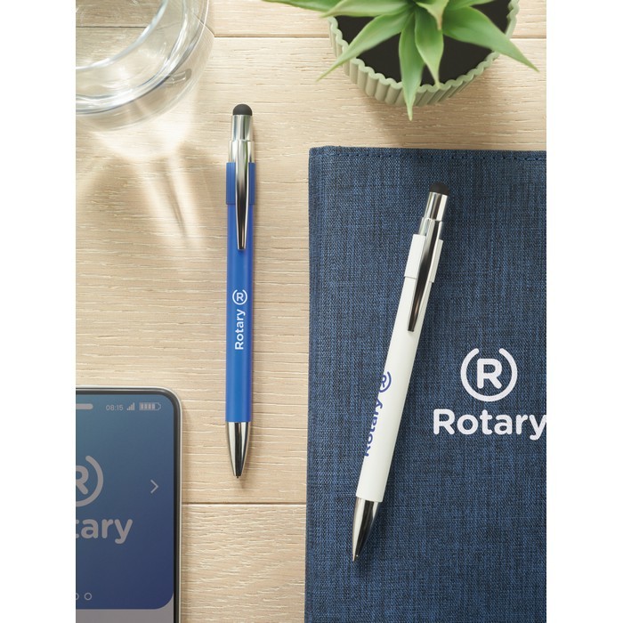 Bolígrafo antiestrés con spinner en la parte superior tinta azul color blanco vista bodegón principal