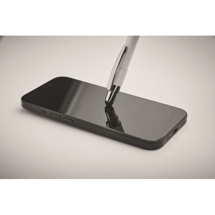 Bolígrafo antiestrés con spinner en la parte superior tinta azul color blanco vista fotografía cuarta vista