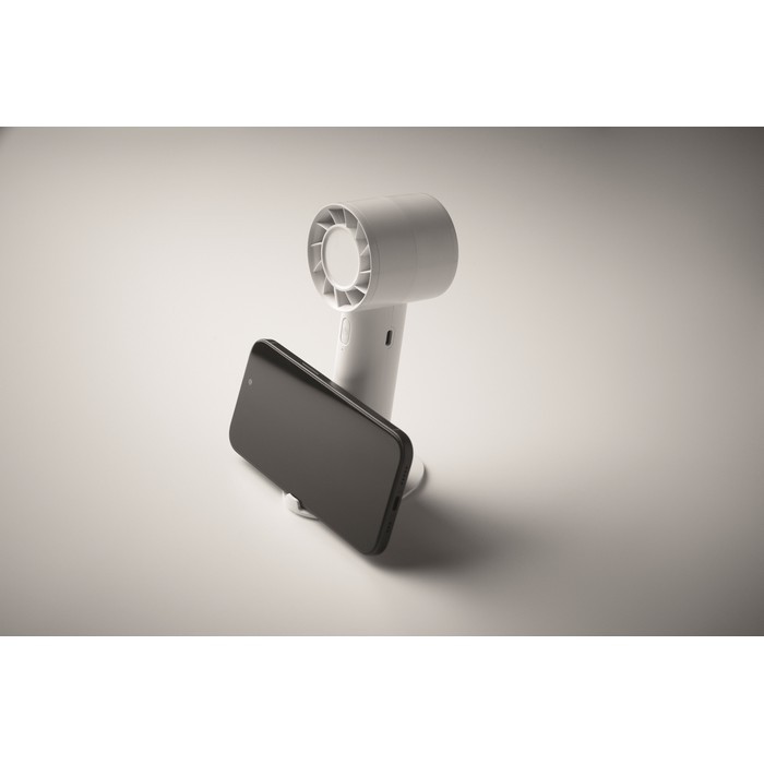 Ventilador portátil con soporte para escritorio y teléfono color blanco vista fotografía