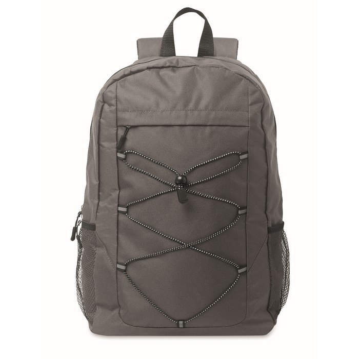 Mochila de poliéster RPET con bolsillos de malla a ambos lados color gris oscuro quinta vista Mochila de poliéster RPET con bolsillos de malla a ambos lados color gris oscuro quinta vista