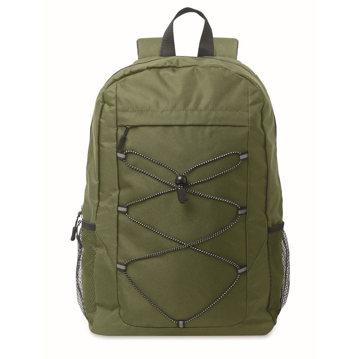 Mochila de poliéster RPET con bolsillos de malla a ambos lados color verde militar quinta vista Mochila de poliéster RPET con bolsillos de malla a ambos lados color verde militar quinta vista