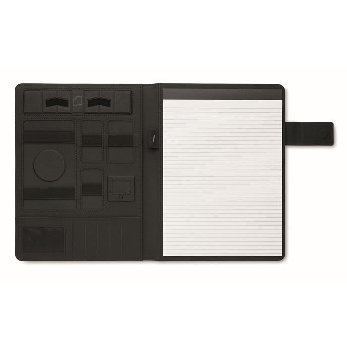 Portafolios de cuero con power bank y cargador inalámbrico A4 color negro tercera vista Portafolios de cuero con power bank y cargador inalámbrico A4 color negro tercera vista