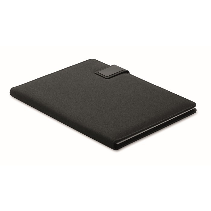 Portafolios de cuero con power bank y cargador inalámbrico A4 color negro quinta vista Portafolios de cuero con power bank y cargador inalámbrico A4 color negro quinta vista