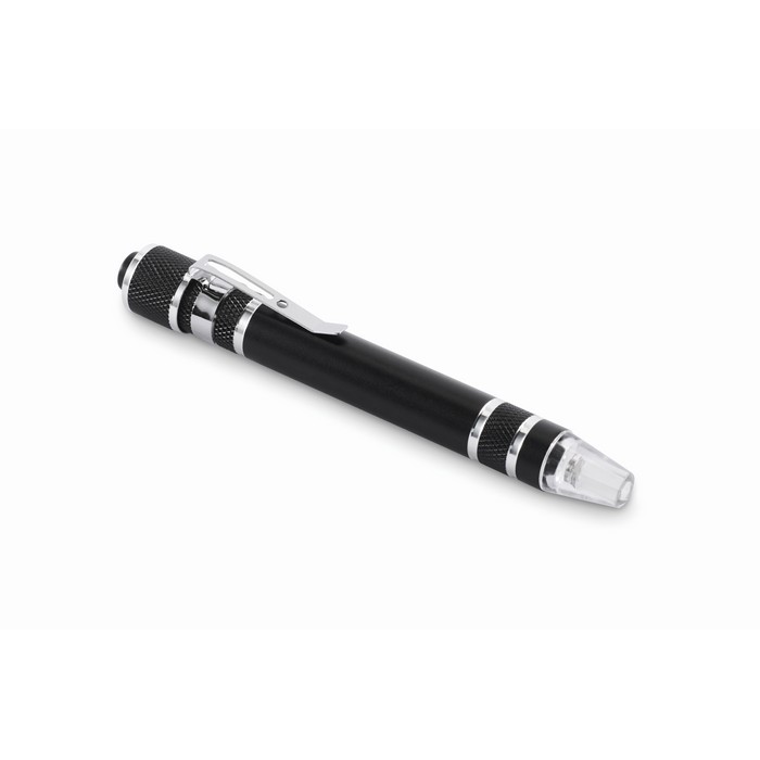 Multiherramienta de aluminio en forma de bolígrafo y con linterna color negro segunda vista