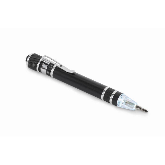 Multiherramienta de aluminio en forma de bolígrafo y con linterna color negro tercera vista