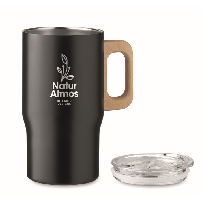 Taza de acero inoxidable reciclado con asa de madera 350ml color negro vista principal segunda vista Taza de acero inoxidable reciclado con asa de madera 350ml color negro vista principal segunda vista