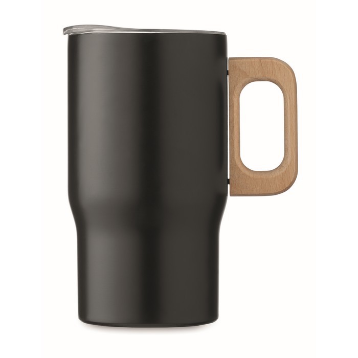 Taza de acero inoxidable reciclado con asa de madera 350ml color negro quinta vista Taza de acero inoxidable reciclado con asa de madera 350ml color negro quinta vista