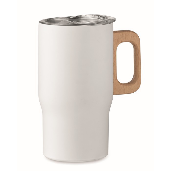 Taza de acero inoxidable reciclado con asa de madera 350ml color blanco Taza de acero inoxidable reciclado con asa de madera 350ml color blanco