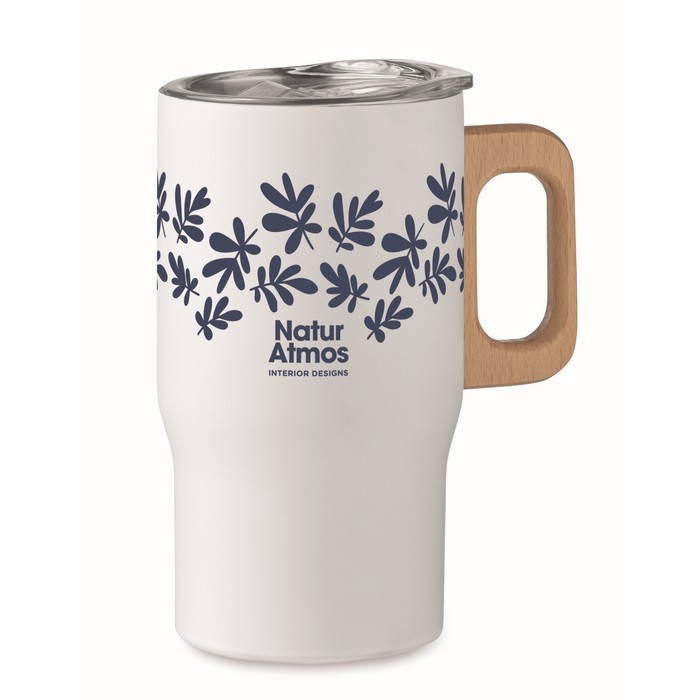 Taza de acero inoxidable reciclado con asa de madera 350ml color blanco vista principal Taza de acero inoxidable reciclado con asa de madera 350ml color blanco vista principal