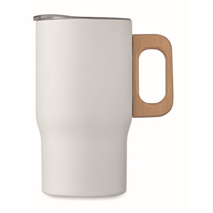 Taza de acero inoxidable reciclado con asa de madera 350ml color blanco quinta vista Taza de acero inoxidable reciclado con asa de madera 350ml color blanco quinta vista