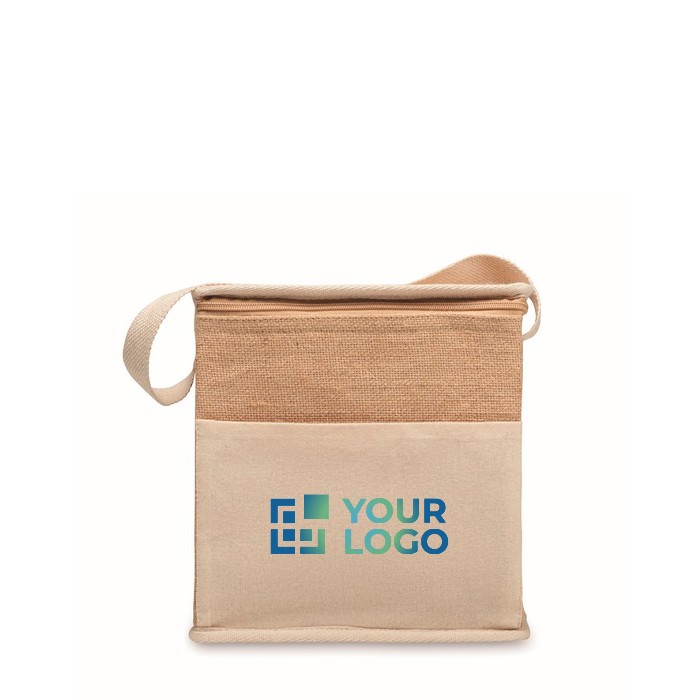 Bolsa nevera de yute con bolsillo frontal y capacidad de 3L color beige vista de impresión Bolsa nevera de yute con bolsillo frontal y capacidad de 3L color beige vista de impresión