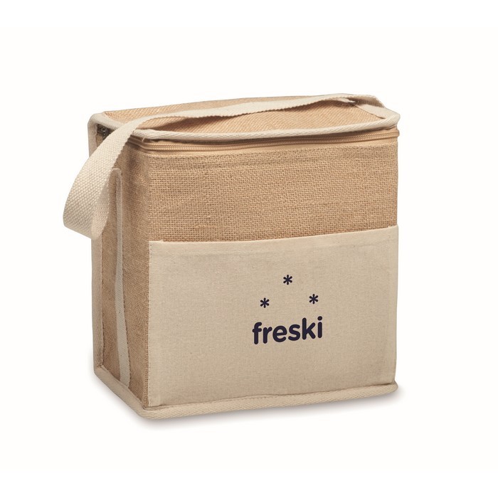 Bolsa nevera de yute con bolsillo frontal y capacidad de 3L color beige vista principal Bolsa nevera de yute con bolsillo frontal y capacidad de 3L color beige vista principal