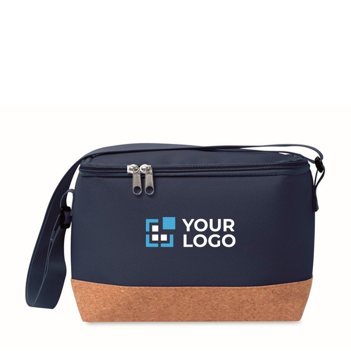 Bolsa nevera de RPET con detalle en la base de corcho 5L color azul marino vista de impresión