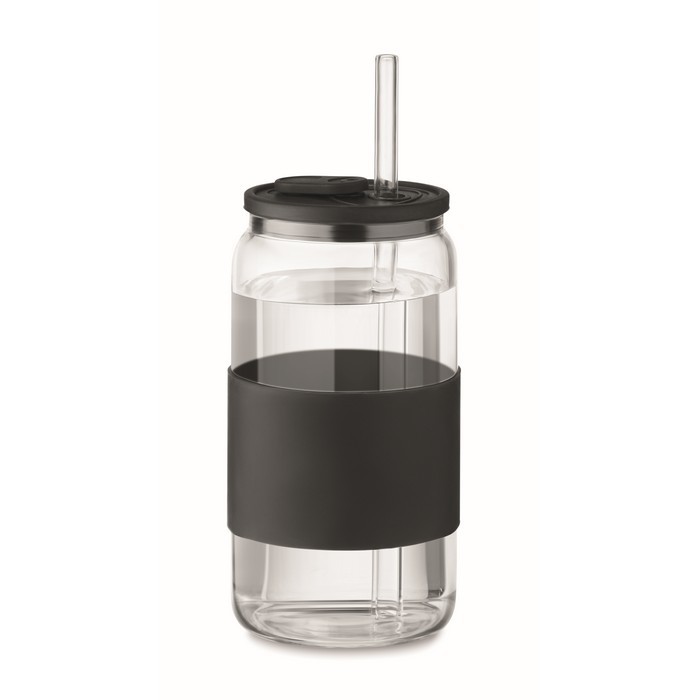 Vaso de borosilicato con pajita a juego y banda de silicona 550ml color negro segunda vista