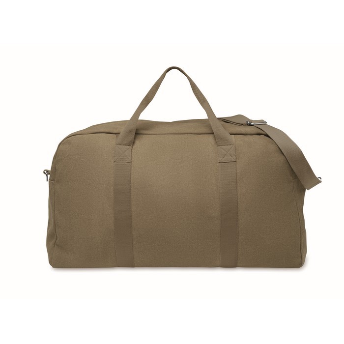 Bolsa de viaje monocromática de tejido reciclado con doble asa color verde militar segunda vista Bolsa de viaje monocromática de tejido reciclado con doble asa color verde militar segunda vista