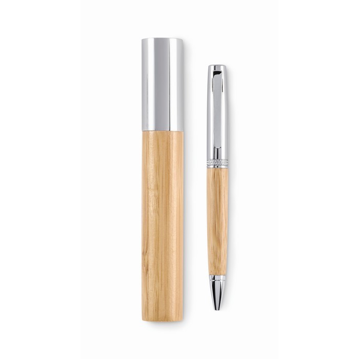 Bolígrafo con cuerpo de bambú en caja cilíndrica a juego tinta azul color madera Bolígrafo con cuerpo de bambú en caja cilíndrica a juego tinta azul color madera