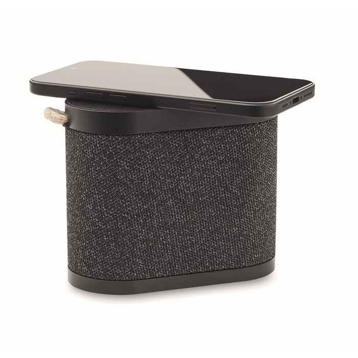 Altavoz negro inalámbrico con asa de transporte de yute 15W color negro segunda vista Altavoz negro inalámbrico con asa de transporte de yute 15W color negro segunda vista