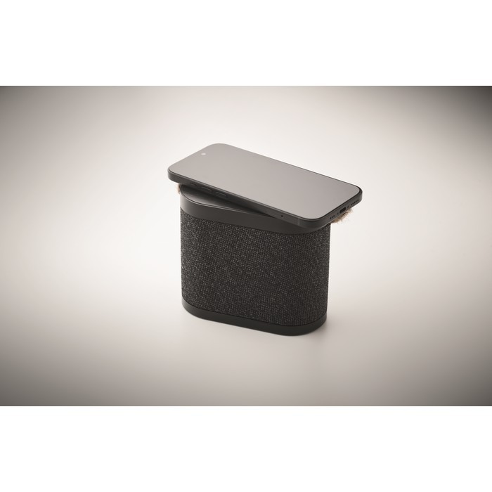 Altavoz negro inalámbrico con asa de transporte de yute 15W color negro vista fotografía tercera vista Altavoz negro inalámbrico con asa de transporte de yute 15W color negro vista fotografía tercera vista