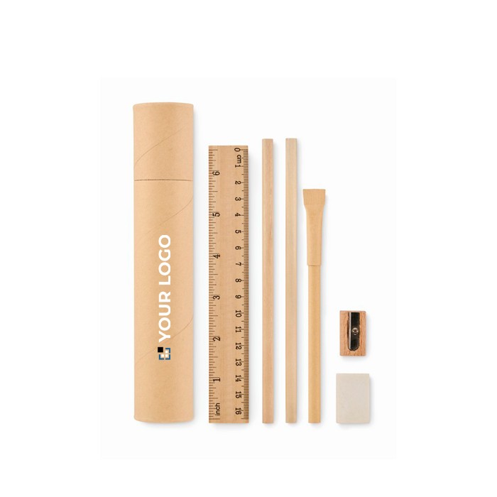 Estuche de papel cilíndrico con set completo de escritura color beige vista de impresión Estuche de papel cilíndrico con set completo de escritura color beige vista de impresión