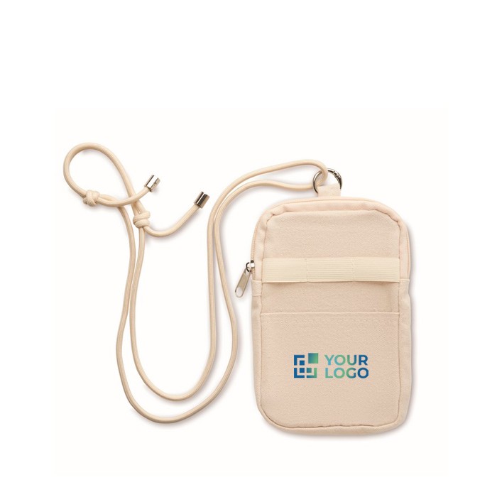 Bolsa bandolera para móviles de algodón reciclado y cordón ajustable color beige vista de impresión Bolsa bandolera para móviles de algodón reciclado y cordón ajustable color beige vista de impresión