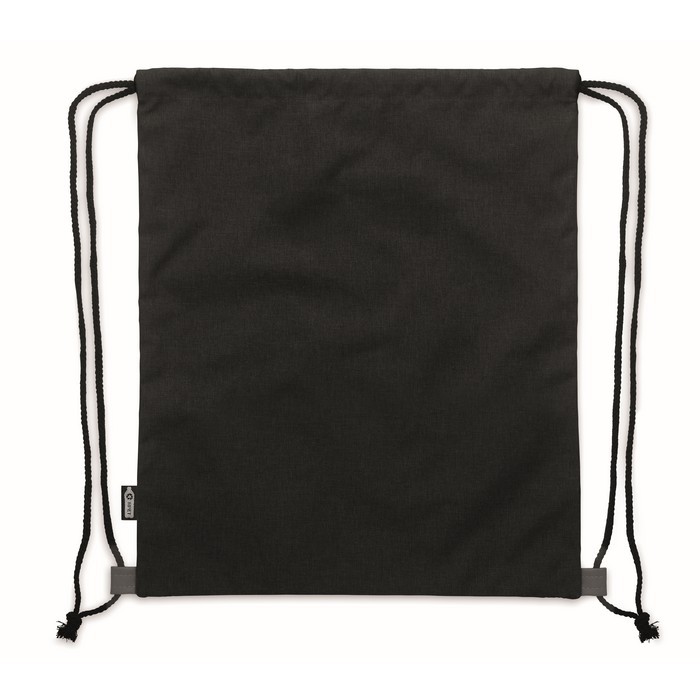 Mochila de cuerdas de poliéster RPET con detalle de cuero en la base color negro tercera vista Mochila de cuerdas de poliéster RPET con detalle de cuero en la base color negro tercera vista