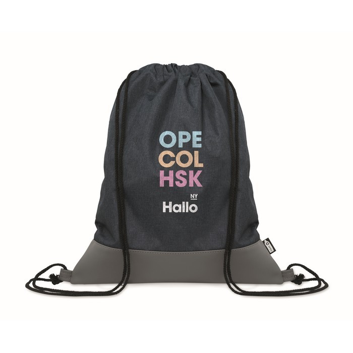 Mochila de cuerdas de poliéster RPET con detalle de cuero en la base color azul marino vista principal Mochila de cuerdas de poliéster RPET con detalle de cuero en la base color azul marino vista principal